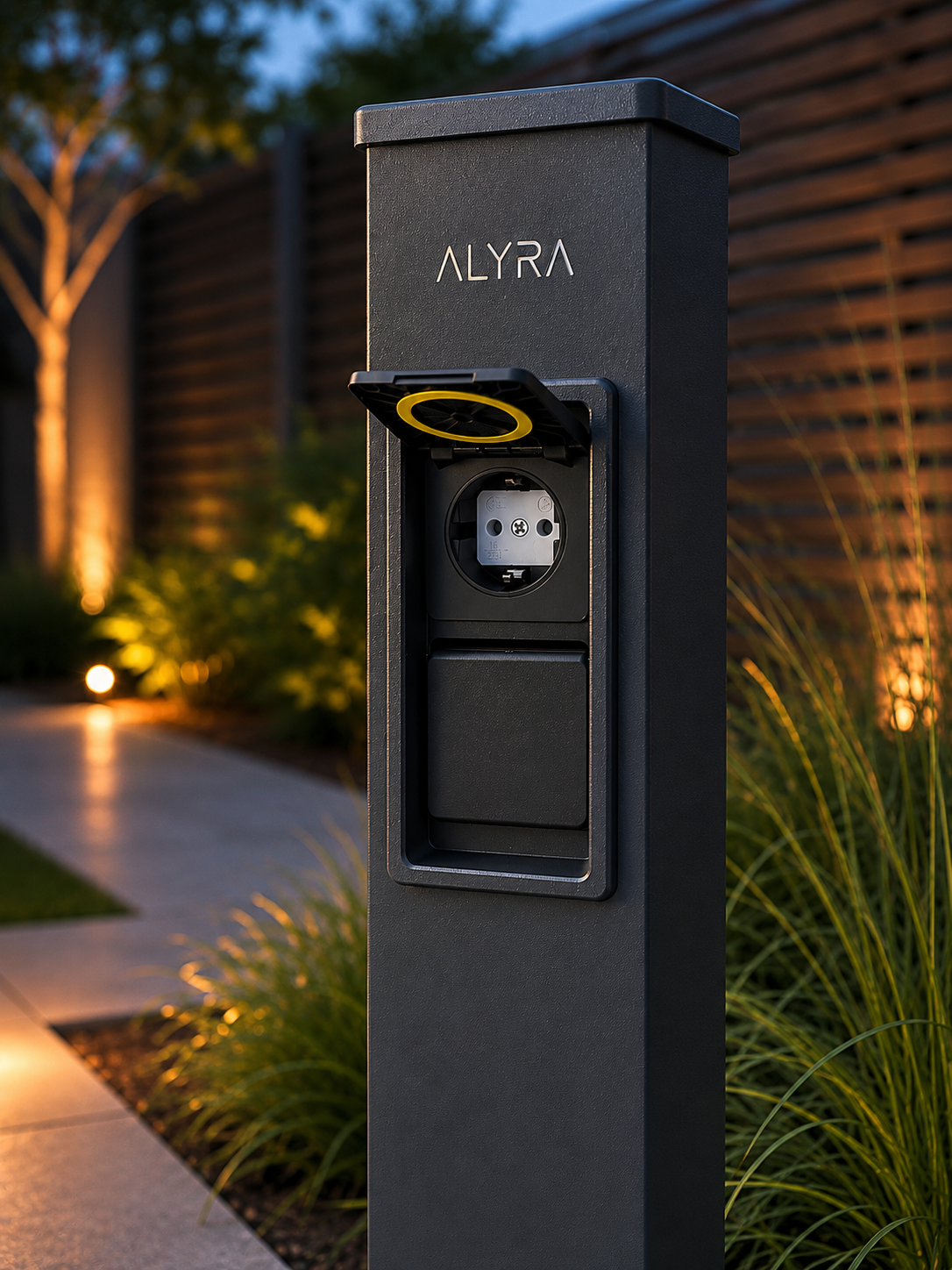 ALYRA E2 Gartensäule aus Aluminium mit zwei eingelassenen, geschützten Klappsteckdosen