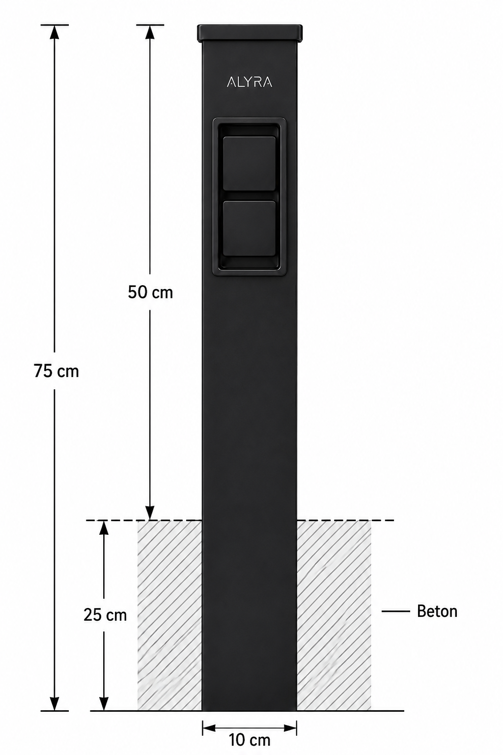 ALYRA E2 Gartensäule aus Aluminium - technische Ansicht mit Maßen 
