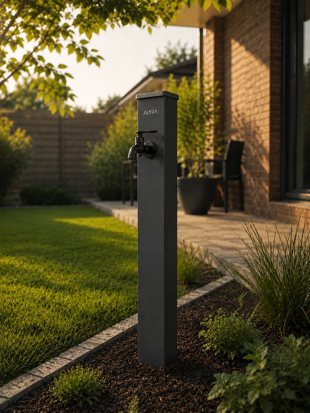 ALYRA H1 Wassersäule aus Aluminium in modernem Garten mit Wasseranschluss für Bewässerung und Außenanlagen
