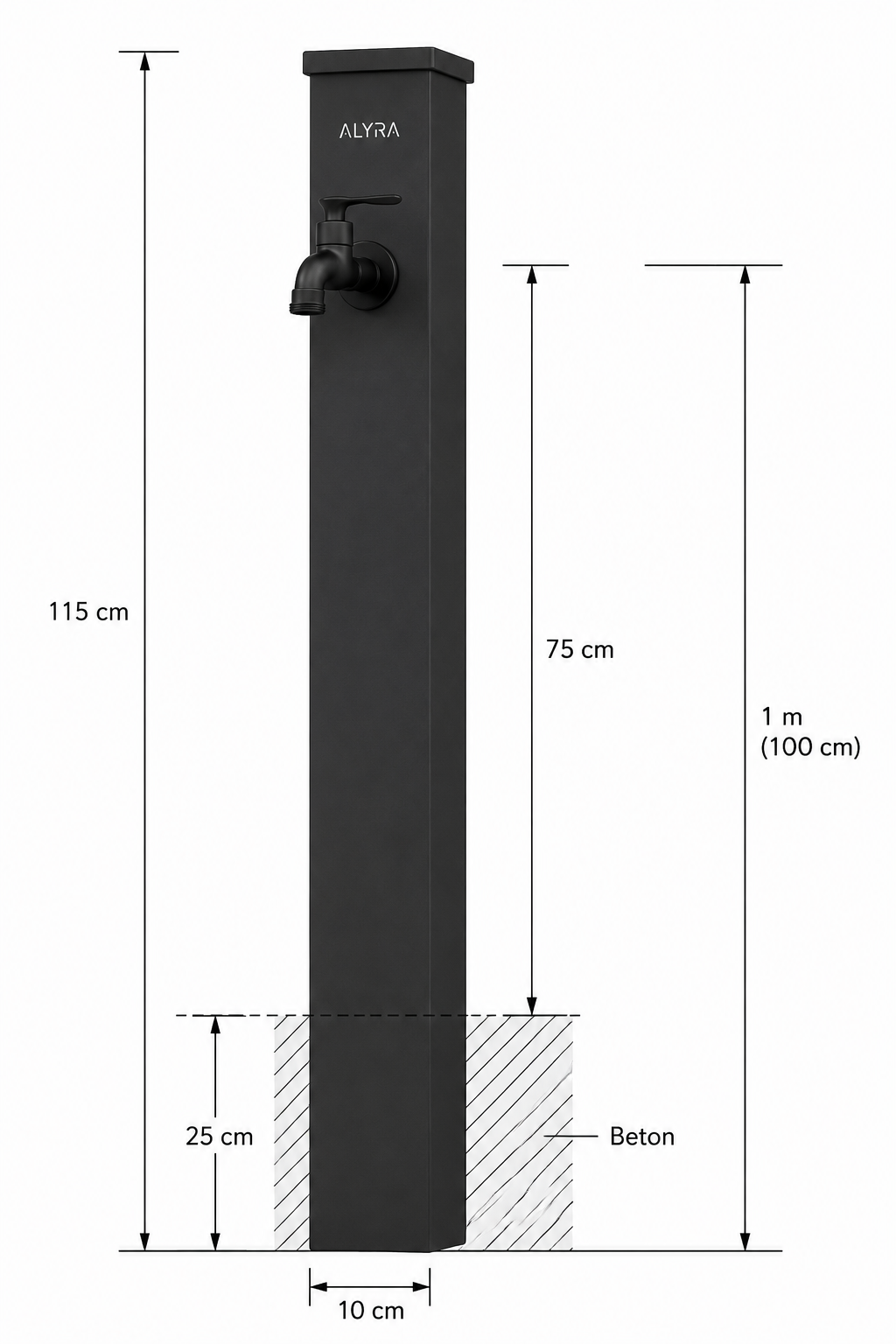 Technische Maßzeichnung der ALYRA H1 Wassersäule mit Abmessungen.